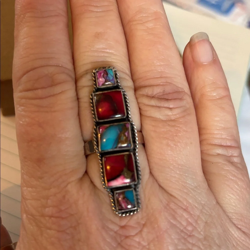 Stirling Silver Rainbow Spiny Oyster & Turquoise Adjustable Ring